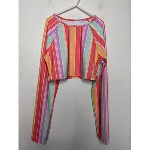 Roxy Girl Size 16 Cropped Striped Rashguard Sunkissed Coral Salty Sunset EUC